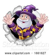 Vector Illustration of Cartoon Wizard Mascot Breaking Through Background Cartoon by AtStockIllustration