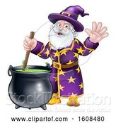 Vector Illustration of Cartoon Wizard Mixing a Potion and Waving by AtStockIllustration