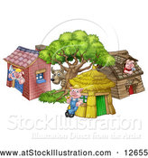 Vector Illustration of Cartoon Wolf and Pigs at Their Brick, Wood and Straw Houses by AtStockIllustration