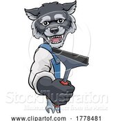 Vector Illustration of Cartoon Wolf Car or Window Cleaner Holding Squeegee by AtStockIllustration