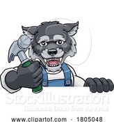 Vector Illustration of Cartoon Wolf Carpenter Handyman Builder Holding Hammer by AtStockIllustration