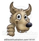 Vector Illustration of Cartoon Wolf Face Mascot Looking Around a Corner, from the Three Little Pigs Story by AtStockIllustration