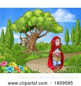 Vector Illustration of Cartoon Wolf Hiding Behind a Tree and Stalking Little Red Riding Hood by AtStockIllustration