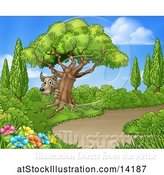 Vector Illustration of Cartoon Wolf Hiding Behind a Tree near a Path by AtStockIllustration