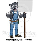 Vector Illustration of Cartoon Wolf Mascot Handyman Holding Sign by AtStockIllustration