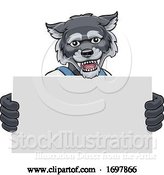 Vector Illustration of Cartoon Wolf Mascot Handyman Holding Sign by AtStockIllustration