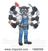 Vector Illustration of Cartoon Wolf Multitasking Handyman Holding Tools by AtStockIllustration