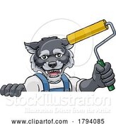Vector Illustration of Cartoon Wolf Painter Decorator Paint Roller Mascot Guy by AtStockIllustration