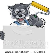 Vector Illustration of Cartoon Wolf Painter Decorator Paint Roller Mascot Guy by AtStockIllustration