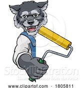 Vector Illustration of Cartoon Wolf Painter Decorator Paint Roller Mascot Guy by AtStockIllustration