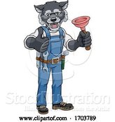 Vector Illustration of Cartoon Wolf Plumber Mascot Holding Plunger by AtStockIllustration