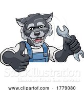 Vector Illustration of Cartoon Wolf Plumber or Mechanic Holding Spanner by AtStockIllustration