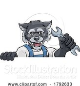 Vector Illustration of Cartoon Wolf Plumber or Mechanic Holding Spanner by AtStockIllustration
