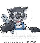 Vector Illustration of Cartoon Wolf Plumber or Mechanic Holding Spanner by AtStockIllustration