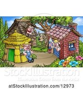 Vector Illustration of Cartoon Wolf Watching Piggies at Their Brick, Wood and Straw Houses by AtStockIllustration