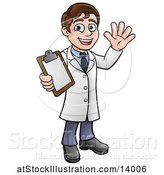 Vector Illustration of Cartoon Young Male Scientist Holding a Clipboard and Waving by AtStockIllustration