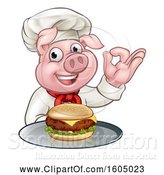 Vector Illustration of Chef Pig Holding a Cheeseburger on a Tray and Gesturing Perfect by AtStockIllustration