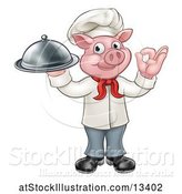 Vector Illustration of Chef Pig Holding a Cloche and Gesturing Perfect by AtStockIllustration