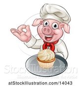Vector Illustration of Chef Pig Holding a Cupcake on a Tray and Gesturing Okay by AtStockIllustration