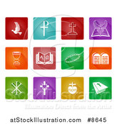 Vector Illustration of Christian Icons over Colorful Tiles by AtStockIllustration
