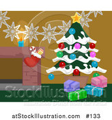 Vector Illustration of Christmas Decorations by a Hearth in a Home, Christmas Tree and Stocking by AtStockIllustration