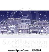 Vector Illustration of Christmas Night Snow Houses and Shops Street Scene by AtStockIllustration