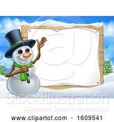 Vector Illustration of Christmas Snowman by a Blank Sign in a Winter Landscape by AtStockIllustration