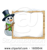 Vector Illustration of Christmas Snowman Wearing a Scarf and a Top Hat by a Blank Sign by AtStockIllustration