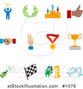 Vector Illustration of Colorful Champion, Laurel, Winner, Thumbs Up, Handshake, Peace Gesture, Medal, Trophy, Champagne, Flag, Number 1 and Toasting Wine Glasses Sports Icons on a White Background by AtStockIllustration
