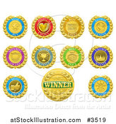 Vector Illustration of Colorful Winner and Product Medals by AtStockIllustration