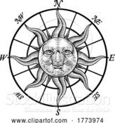 Vector Illustration of Compass Sun Face Etching Rose Woodcut Drawing by AtStockIllustration