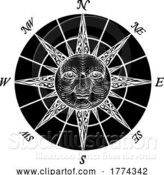 Vector Illustration of Compass Sun Face Etching Rose Woodcut Drawing by AtStockIllustration