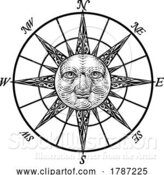 Vector Illustration of Compass Sun Face Etching Rose Woodcut Drawing by AtStockIllustration