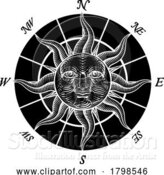 Vector Illustration of Compass Sun Face Etching Rose Woodcut Drawing by AtStockIllustration