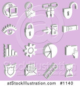 Vector Illustration of Computer, Globe, Magnifying Glass, Messenger, Padlock, Eye, Mp3 Player, Flashlight, Graph, Cog, Pie Chart, Folder, Badge, Envelope, Film Strip and Hourglass over a Purple Background by AtStockIllustration