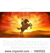 Vector Illustration of Cowboy Riding Horse Silhouette Sunset Background by AtStockIllustration