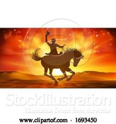 Vector Illustration of Cowboy Riding Horse Silhouette Sunset Background by AtStockIllustration