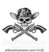 Vector Illustration of Cowboy Sheriff Skull over Crossed Guns in Black and White by AtStockIllustration