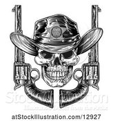 Vector Illustration of Cowboy Sheriff Skull with Crossed Guns in Black and White by AtStockIllustration