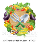 Vector Illustration of Crossed Garden Tools over Wood in a Vegetable Wreath by AtStockIllustration