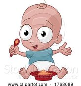 Vector Illustration of Cute Cartoon Baby Eating Food with Spoon and Bowl by AtStockIllustration