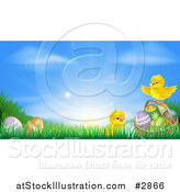 Vector Illustration of Cute Easter Chicks with Eggs in Grass Against a Sunrise by AtStockIllustration
