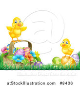 Vector Illustration of Cute Yellow Chicks on Easter Eggs and a Basket in the Grass, over White Text Space by AtStockIllustration