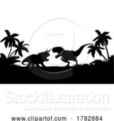 Vector Illustration of Dinosaur Silhouette Background Landscape Scene by AtStockIllustration