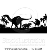 Vector Illustration of Dinosaur Silhouette Background Landscape Scene by AtStockIllustration