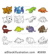 Vector Illustration of Dinosaurs and Prehistoric Animals in Color and Black and White by AtStockIllustration
