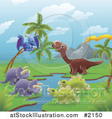 Vector Illustration of Dinosaurs by a Volcano and Stream by AtStockIllustration