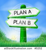 Vector Illustration of Directional Plan a and B Signs over a Sunrise and Grassy Hill by AtStockIllustration