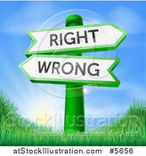 Vector Illustration of Directional Wrong and Right Signs over a Sunrise and Grassy Hill by AtStockIllustration