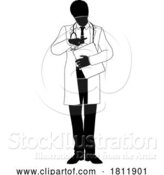 Vector Illustration of Doctor Guy and Clipboard Medical Silhouette Person by AtStockIllustration